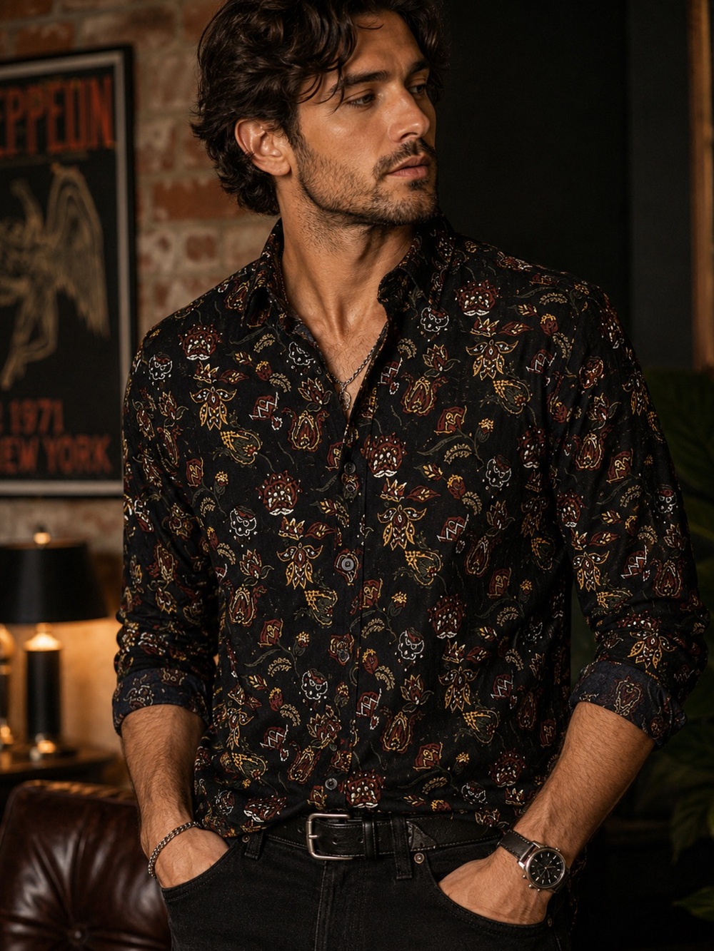 Mens Paisley Button Up Shirt Black Red Gold Retro 70s Boho Medium